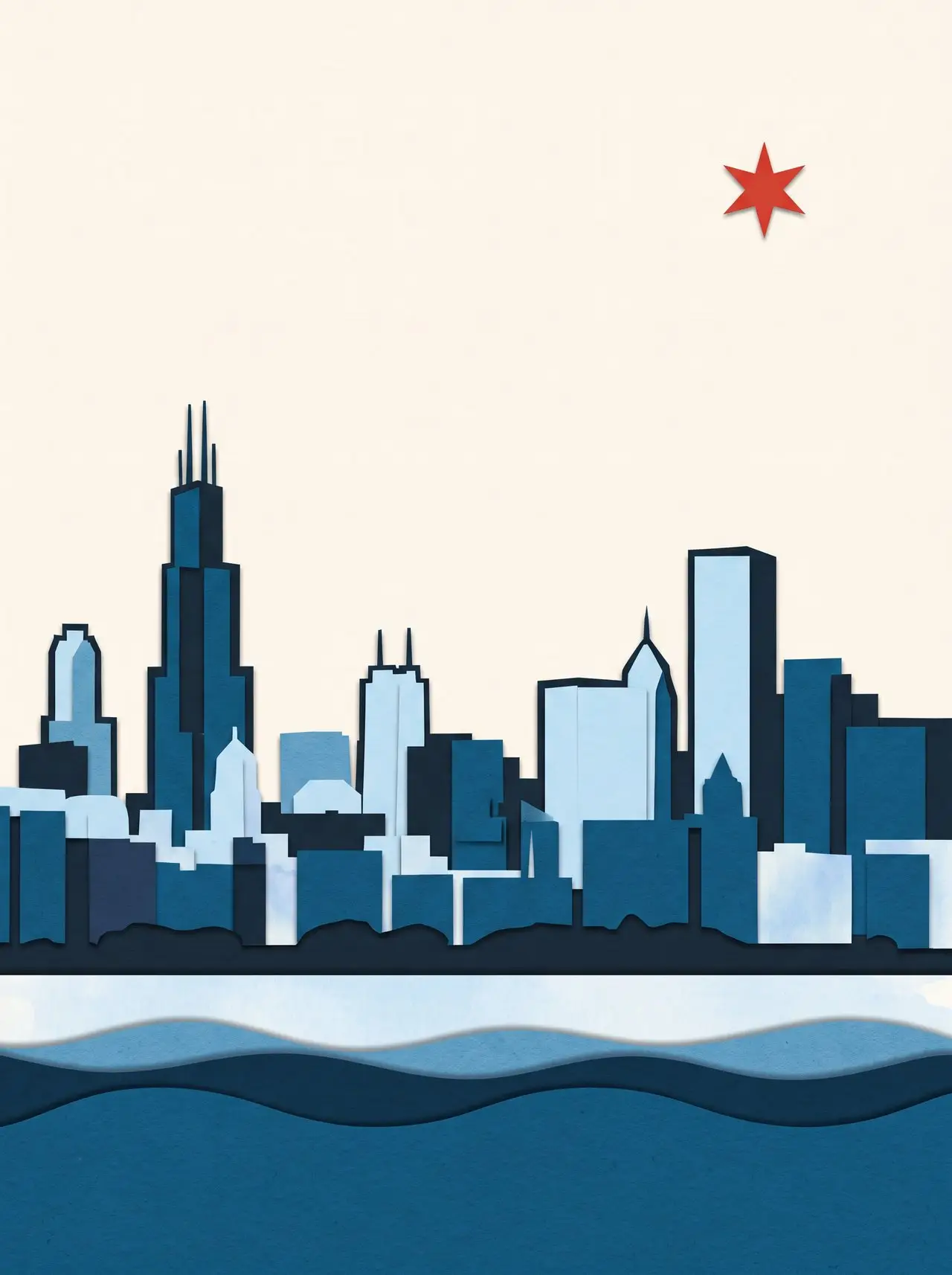 Paper-cut collage of the Chicago skyline in daylight over Lake Michigan, layered blue and cream paper under a single red six-pointed flag star.